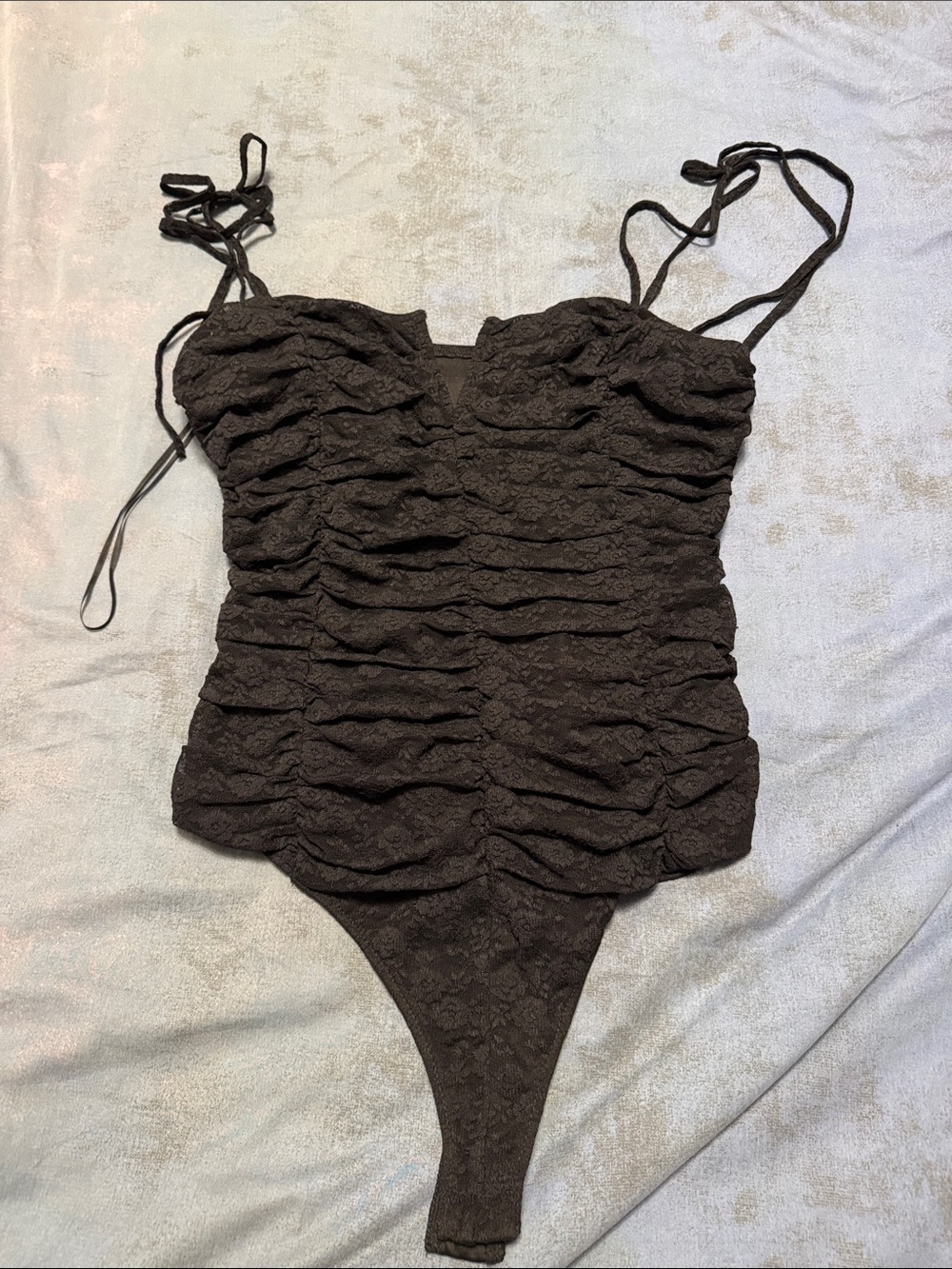 Astr Black Ruched Lace Tie-Shoulder Bodysuit